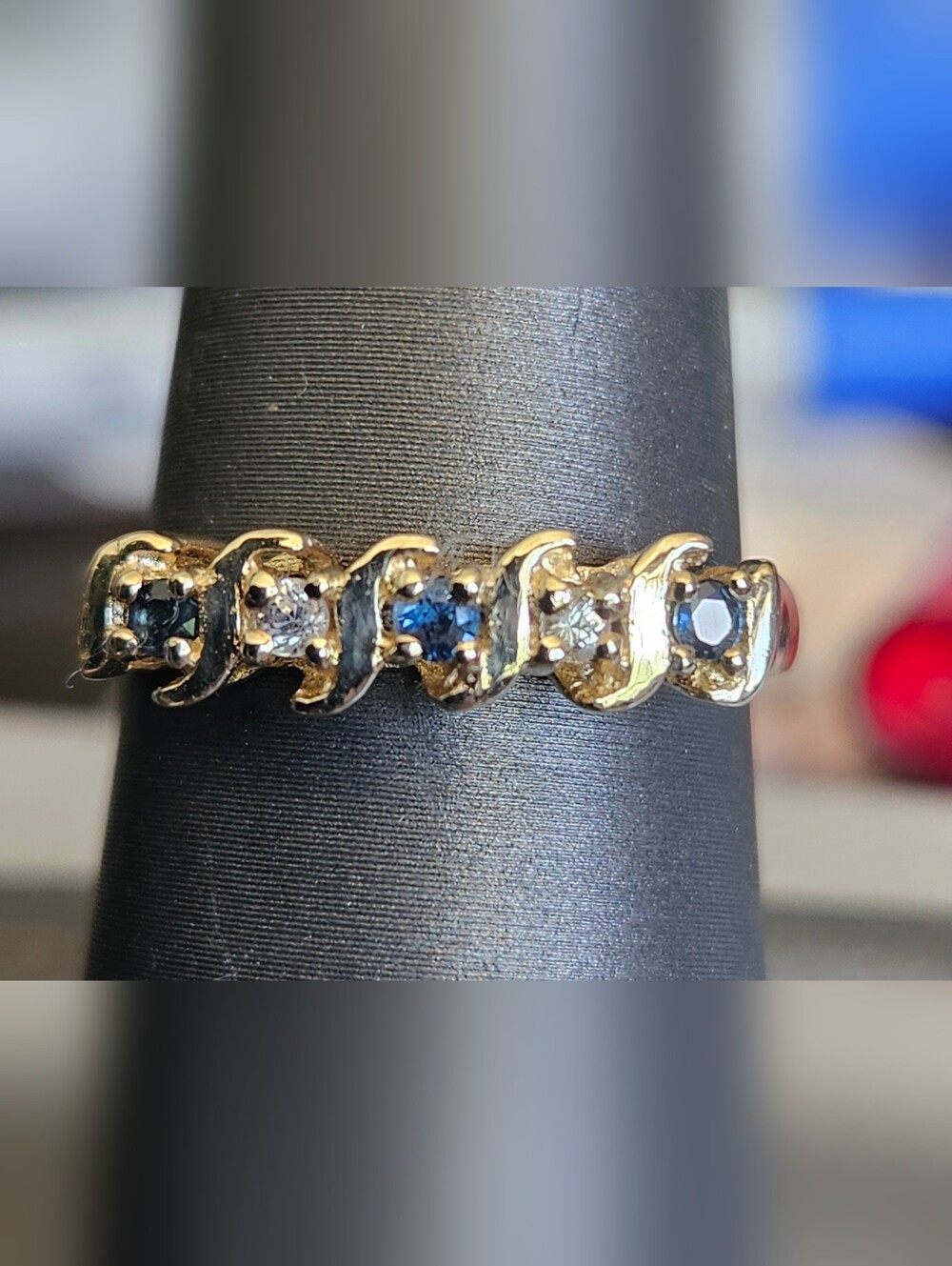 Round Blue Sapphires & Diamonds Band Ring 10kt Yellow Gold